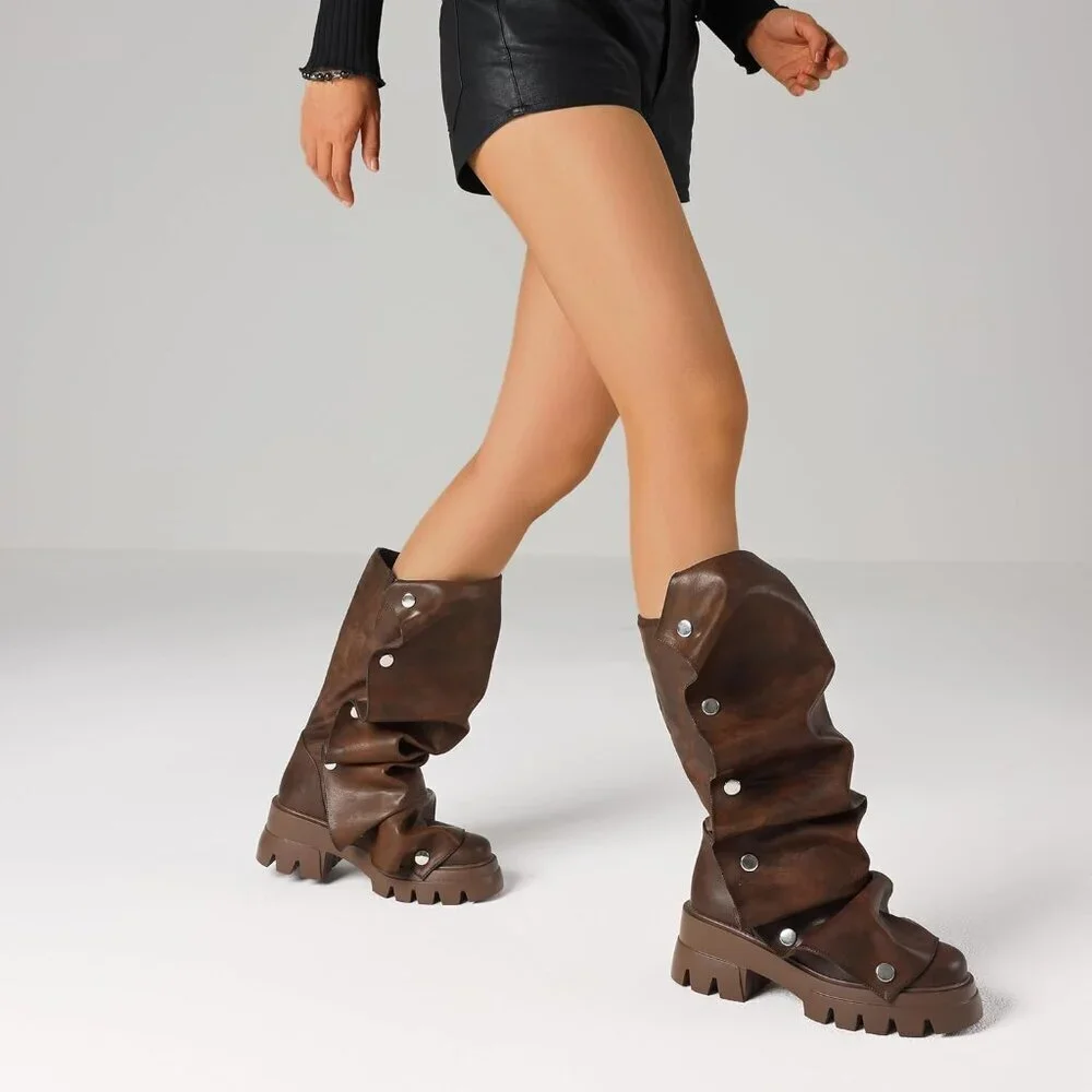 Women's Brown Pu Fold Over Knee Slouchy Ruched Stacked Heel Round Toe Boots
